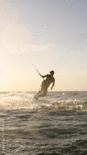 Kitesurfer Riding Ocean Wave At Sunset Slow Motion Golden Light Sea Spray Freedom Lifestyle Adventure Extreme Sport Travel Energy Summer Vibes Wellness Adrenaline Motivation Happiness
