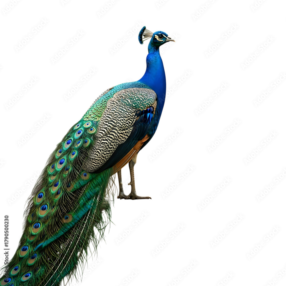 Obraz premium Majestic peacock with vibrant plumage against a dark background
