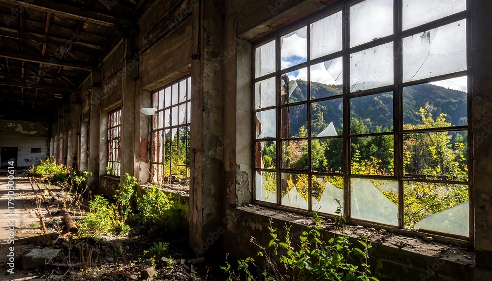 Obraz premium Crumbling building with broken windows overlooking nature, light streaming in