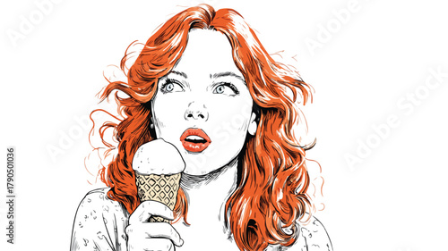Red-haired girl holding ice cream cone vector illustration