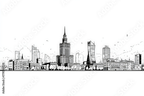 Black and White City Skyline Illustration with Modern and Historic Buildings WARSZAWA