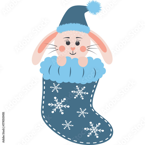 Cute cartoon bunny wearing a blue winter hat peeking out of a decorative christmas stocking adorned with snowflakes on a transparent background