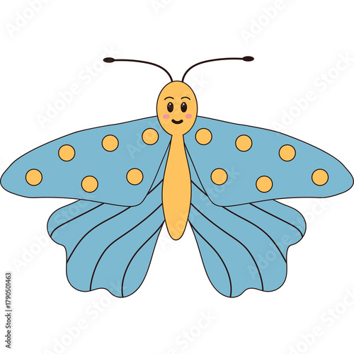 Cute Cartoon Butterfly With Orange Spots On Light Blue Wings And Yellow Body With Smiling Face And Transparent Background