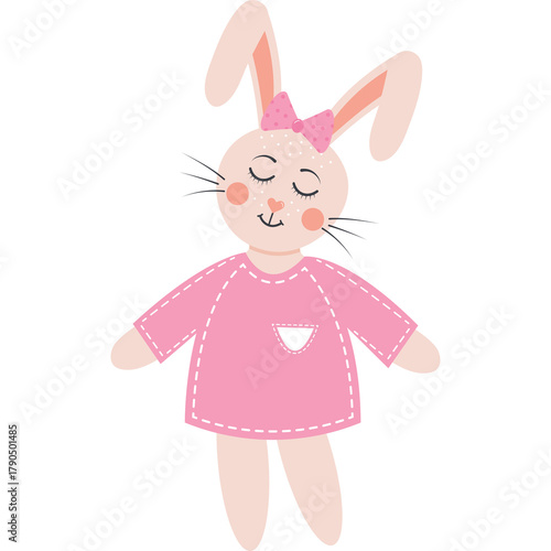 Cute cartoon bunny wearing a pink shirt and pink bow with closed eyes on a transparent background perfect for children's themes and easter celebrations