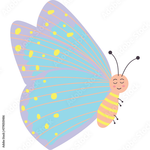 Cute Cartoon Butterfly With Pastel Blue Wings And Yellow Dots Smiling Eyes And Orange Yellow Striped Body On Transparent Background