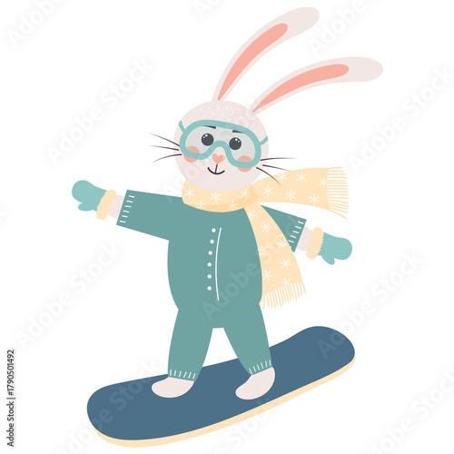 Cute cartoon bunny rabbit wearing goggles and scarf snowboarding on a blue snowboard against a transparent background