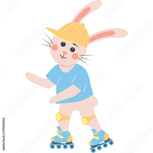 Cute Cartoon Bunny Rabbit Wearing A Yellow Hard Hat And Blue T Shirt Roller Skating With Knee Pads On White Background