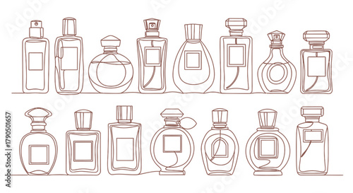Continuous line drawing of various perfume bottles on a pink background