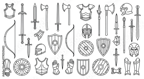 Line art illustration of medieval weapons and armor on white background