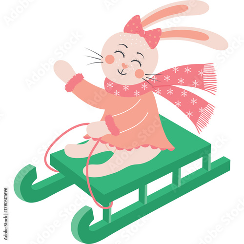 Cute cartoon bunny rabbit character with pink bow and scarf riding a green sled isolated on a white background