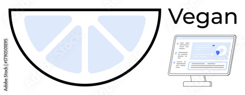 Lemon slice with minimalist style, Vegan text, and data insights displayed on a monitor. Ideal for diet advice, plant-based living, nutrition apps, sustainability, health, analytics simple flat