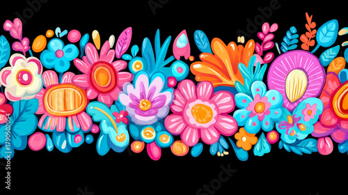 Lush and Joyful Seamless Floral Border Design Featuring Diverse Array of Fantastical Blossoms and Leaves in Vivid Hues Against Deep Black Background