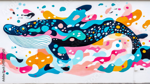 Vibrant abstract street art mural featuring large stylized whale swimming amidst dynamic explosion of colorful, organic shapes and polka dots on white wall