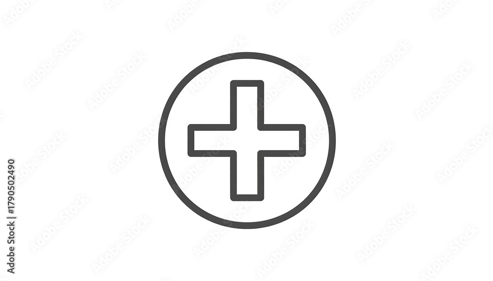 Fototapeta premium Simple plus sign inside a circle with a dark outline.