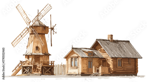 Rustic Wooden Windmill, House, and Building in Countryside Landscape