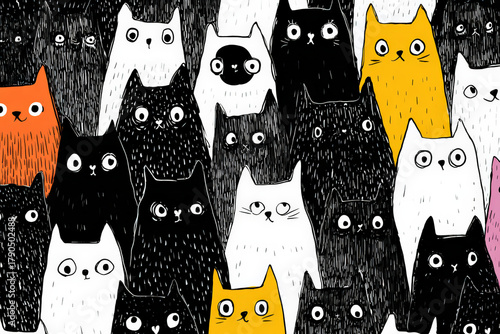 Colorful Pattern of Cute Cartoon Cats in Modern Abstract Style