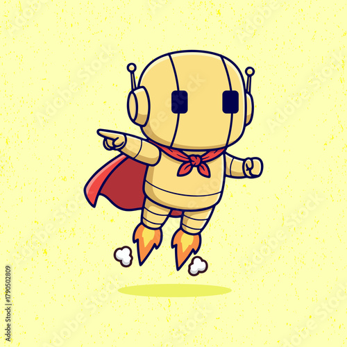Cute cartoon robot in cream color flying with a red cape in flat vector style. Perfect for kids’ illustrations, futuristic posters, and fun superhero-themed designs.