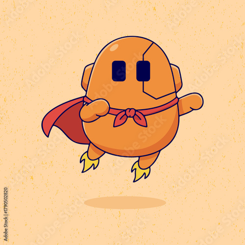 Cute cartoon robot in orange color flying with a red cape in flat vector style. Perfect for kids’ illustrations, futuristic posters, and fun superhero-themed designs.