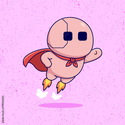 Cute cartoon robot in pink color flying with a red cape in flat vector style. Perfect for kids’ illustrations, futuristic posters, and fun superhero-themed designs.