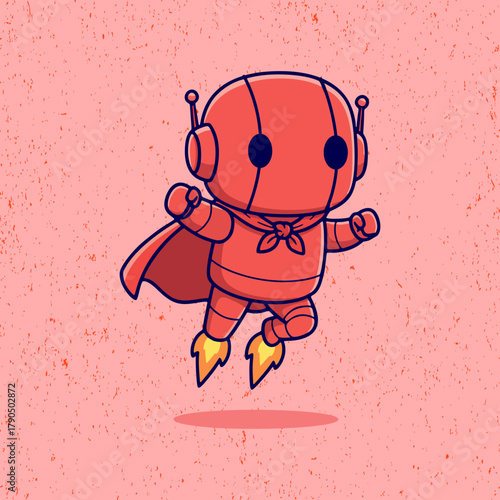 Cute cartoon robot in red color flying with a red cape in flat vector style. Perfect for kids’ illustrations, futuristic posters, and fun superhero-themed designs.