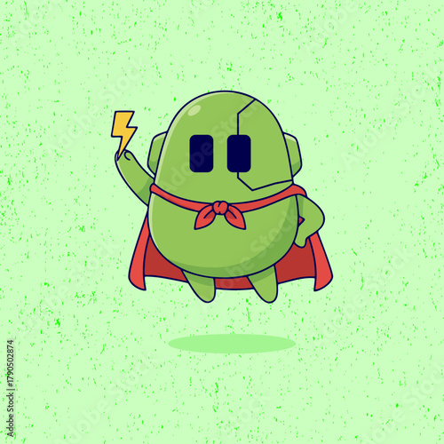 Cute cartoon robot in green color flying with a red cape in flat vector style. Perfect for kids’ illustrations, futuristic posters, and fun superhero-themed designs.