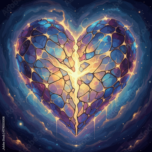 Glowing Cosmic Broken Heart with Cracked Gemstone Texture and Nebula Background