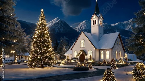 Bright lights illuminate a picturesque church as snow blankets the ground amid tall trees, creating a peaceful winter atmosphere at night