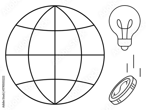 Globe symbolizing global reach, lightbulb for innovation, and coin for investment. Ideal for business, finance, technology, entrepreneurship, global economics, sustainability simple flat metaphor