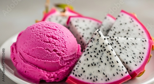 Wallpaper Mural Vibrant pink dragon fruit ice cream scoop and refreshing slices served on a white plate a tropical dessert delight Torontodigital.ca