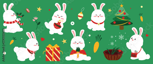 Christmas New Year Character Set with Cute White Rabbit, Holiday Animal Cartoon Character.
