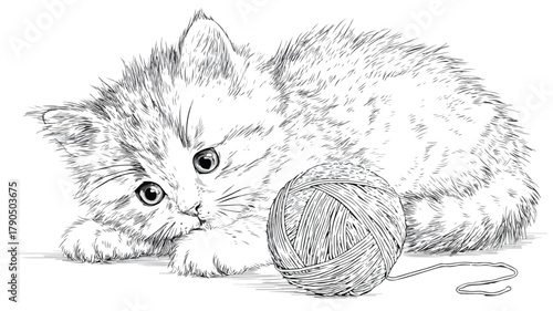 Cute Cat Playing with Wool Ball Coloring Page Vector Illustration