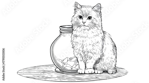 Adorable Cat Sitting on Cookie Jar Coloring Page Vector Illustration