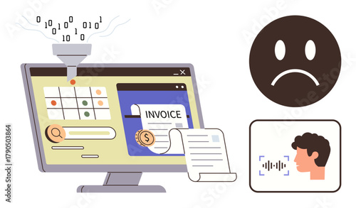 Computer screen showing digital invoice, data processing funnel, sad face for errors, and speech recognition concept. Ideal for finance, technology, automation, user error, data analytics machine