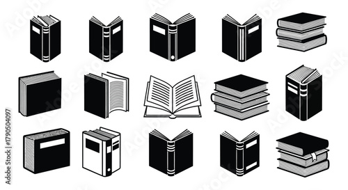 Collection of various book icons in black and white vector illustration