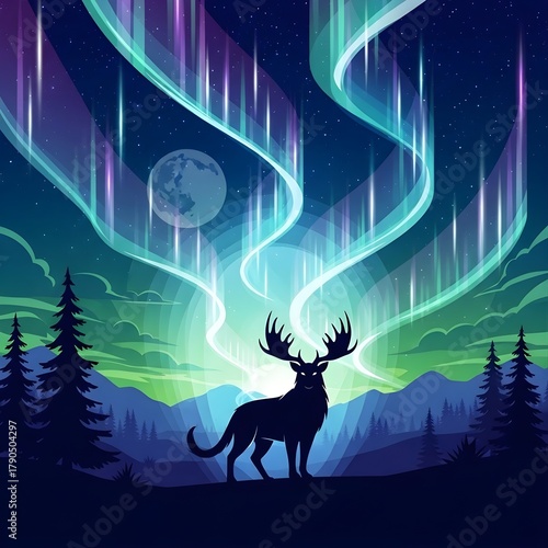 Fantasy Vector Background with Glowing Northern Lights and Alascattalo Silhouette for Alascattalo Day