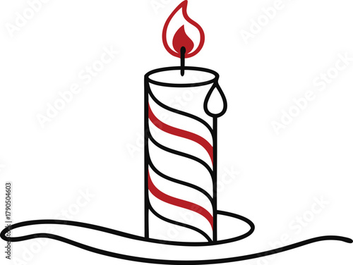 Christmas candy cane striped candle with flame and drip