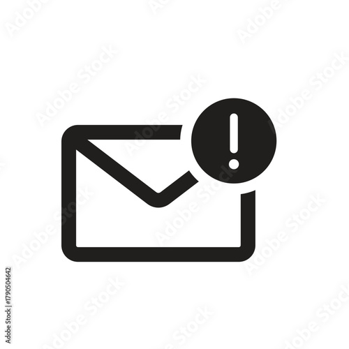 Isolated black and white email vector icon with exclamation point indicating a new message
