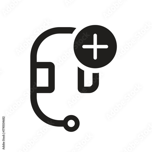 A black and white vector icon of a headset with a plus sign indicating add New communication device