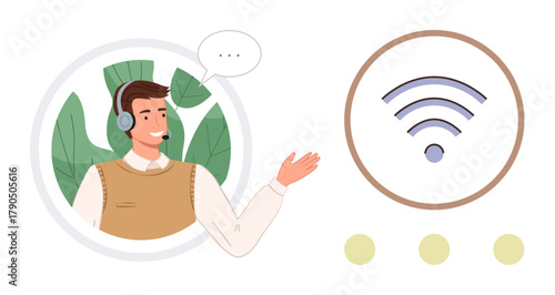 Male customer support agent wearing a headset, gesturing with speech bubble, alongside a wireless signal icon. Ideal for communication, networking, support, technology, remote work, teamwork