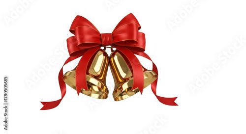 Golden bells with red bow christmas decoration isolated on transparent background