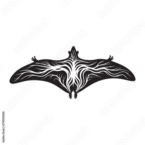 Tribal Pterodactyl Wings Spread Black White Vector Logo
