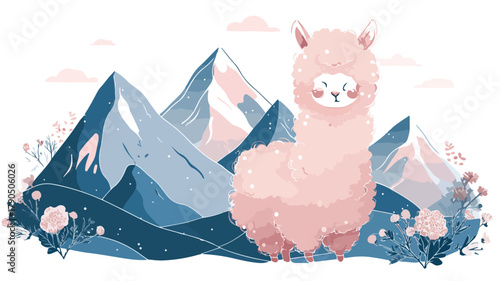Cute Kawaii Llama in Majestic Mountain Landscape