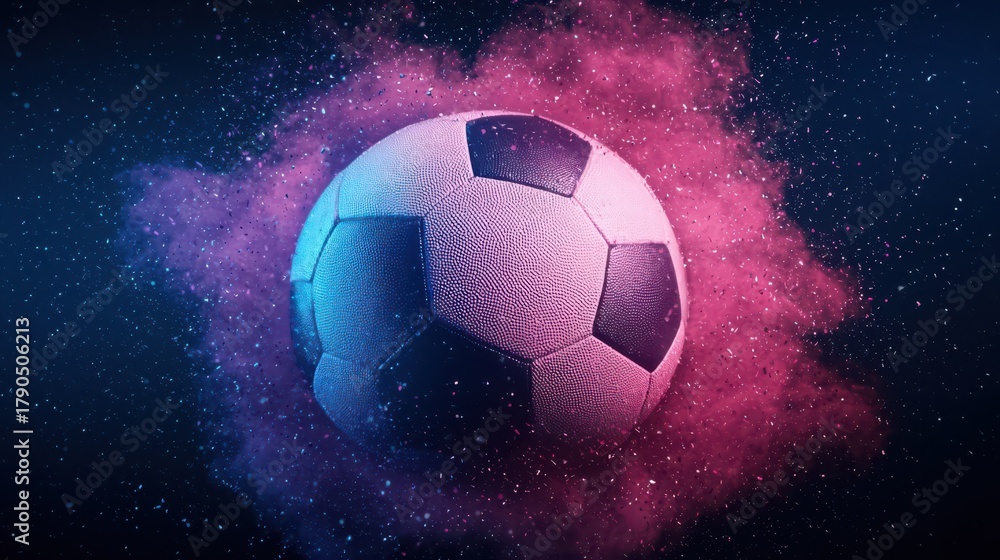 Fototapeta premium A vibrant soccer ball surrounded by a colorful cosmic cloud, blending shades of blue and pink, creating an energetic, dynamic visual effect.