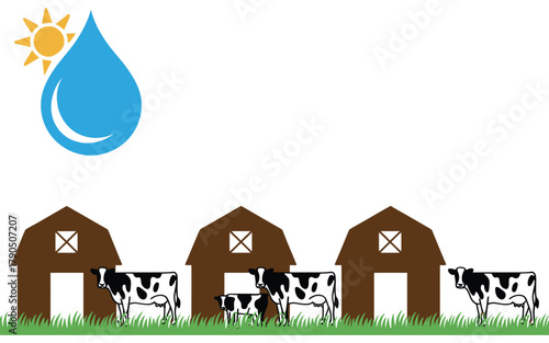 Dairy cows farm landscape with barn and water drop illustration