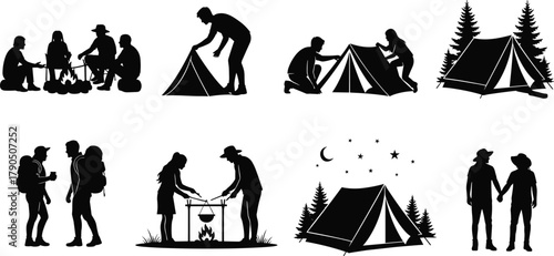 Silhouette vector illustration of camping activities—tent setup, campfire cooking, hiking, outdoor adventure, forest scene, nature exploration, couple enjoying outdoors