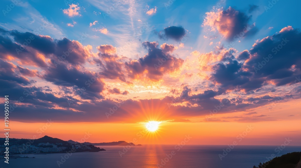 Naklejka premium A breathtaking sunset illuminates the sky with vibrant colors, casting reflections on the ocean, creating a serene and peaceful atmosphere.