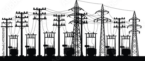 Silhouette vector illustration of electrical poles and transformers—power distribution system, voltage infrastructure, energy grid layout, industrial network design elements