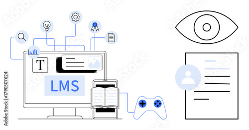 LMS screen featuring text, media, and gamification elements, open book, gaming controller, document, and eye graphic. Ideal for e-learning, education technology training monitoring gamification