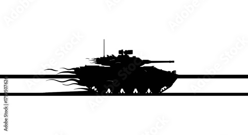 A black tank with orange flames on a white background with black lines