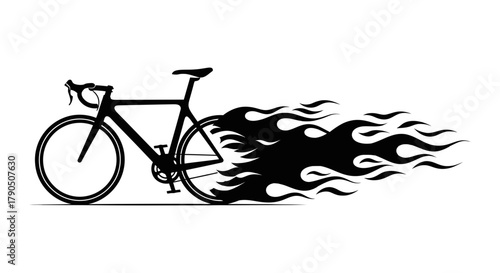 Silhouette of a bicycle with red and black flames coming from wheel
